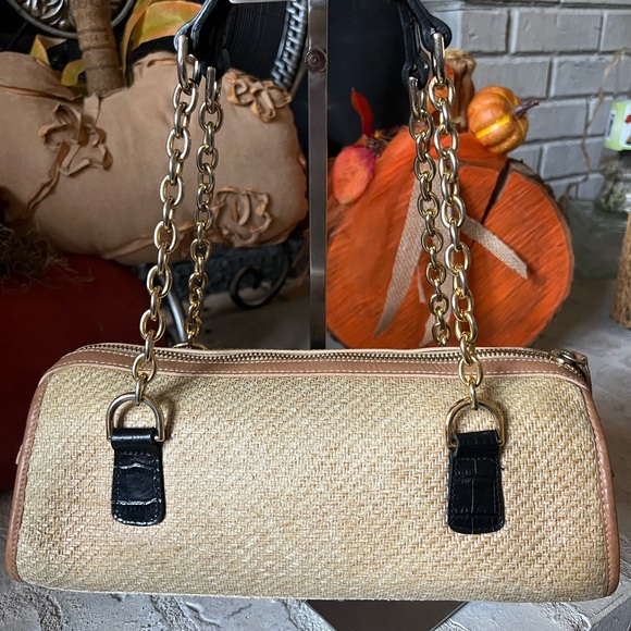 Ralph Lauren Vintage Rare Rafia & Croc Embossed Leather Chain Strap Shoulder Bag - Picture 7 of 13